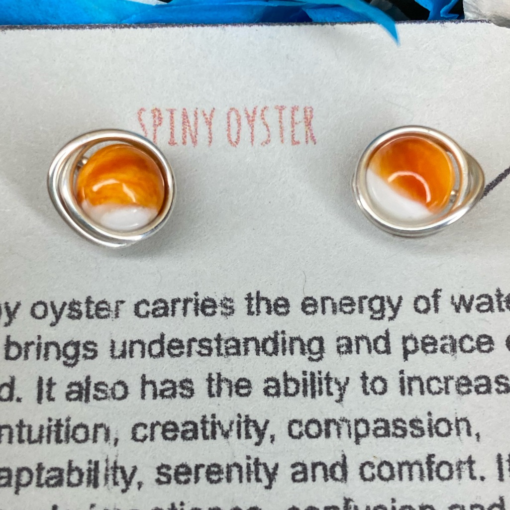 Spiny Oyster Orange White 6mm Bird Nest Bead Post Earrings. In Stainless Steel